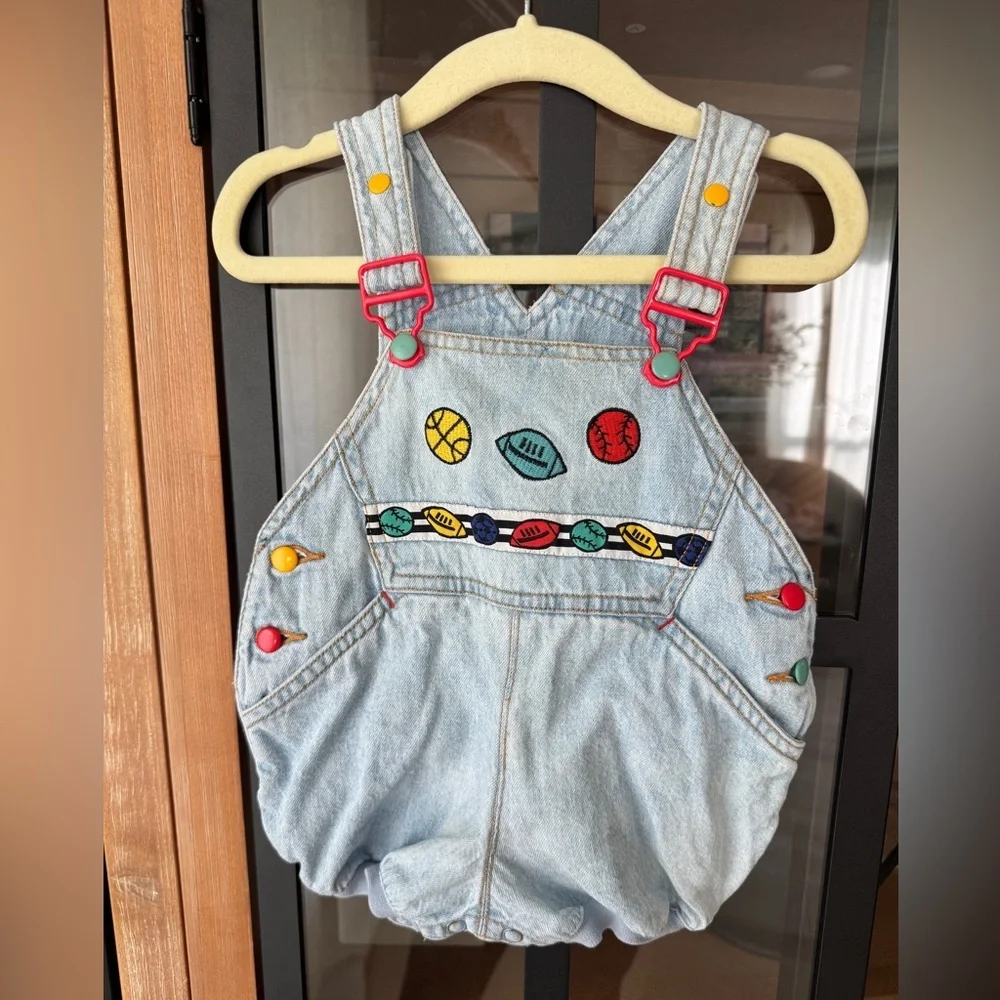 Vintage 90s Gymboree overalls denim embroidered football baseball colorful baby